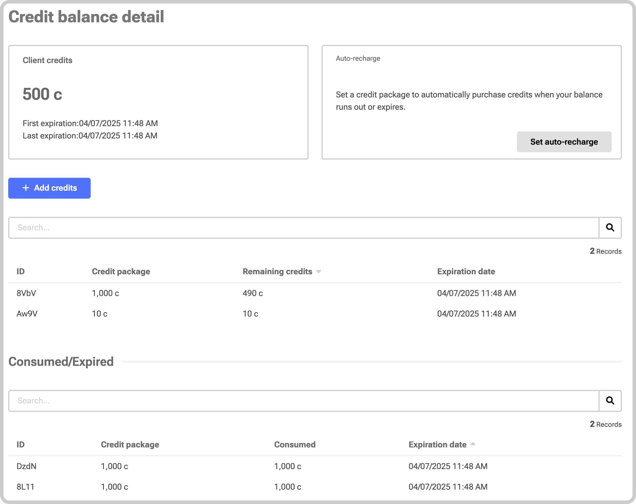 newClientCredits Credit balance detail – After expiration