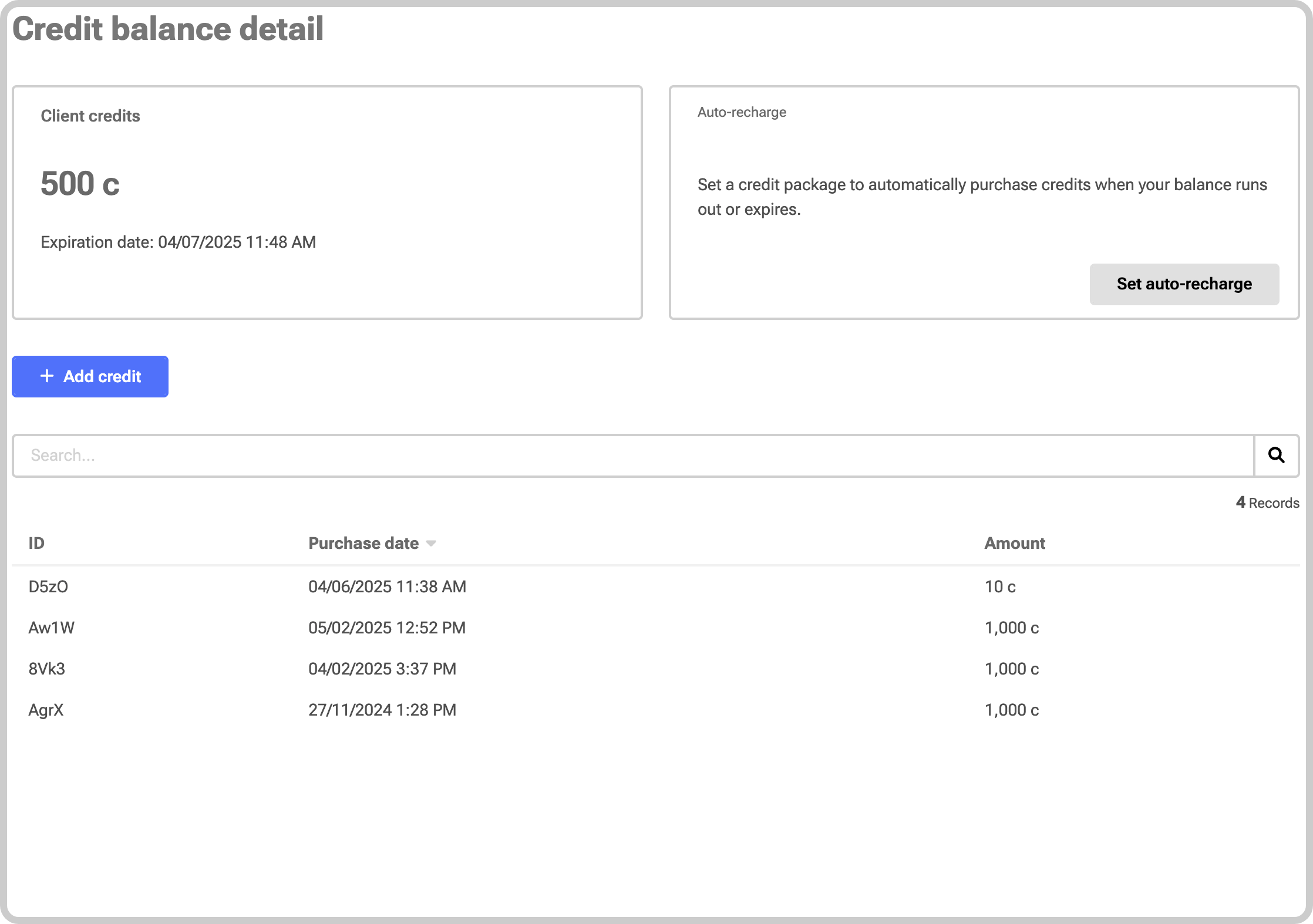 oldClientCredits Credit balance detail – Before migration